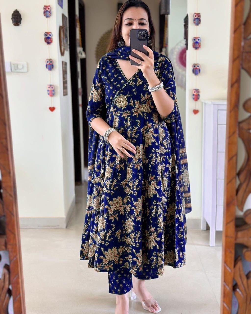 Blue Angrakha Style Anarkali Kurta Set with Dupatta - Image 3