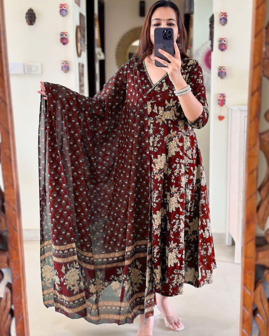Maroon Angrakha Style Anarkali Kurta Set with Dupatta - Image 3