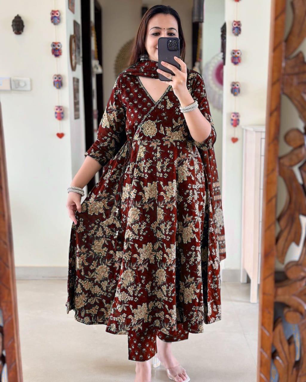 Maroon Angrakha Style Anarkali Kurta Set with Dupatta - Image 4