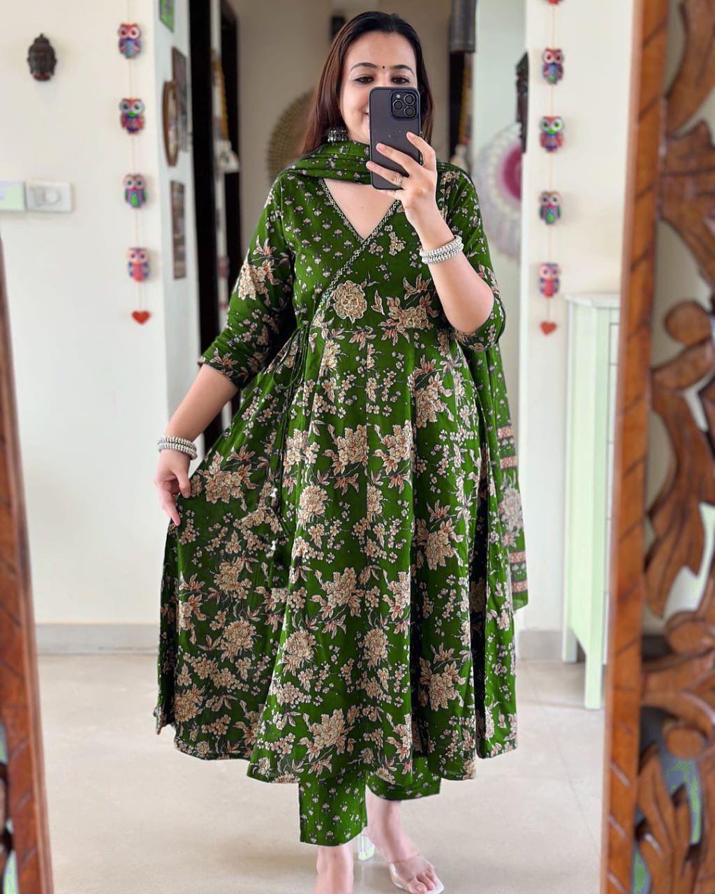 Dark Green Angrakha Style Anarkali Kurta Set with Dupatta - Image 3