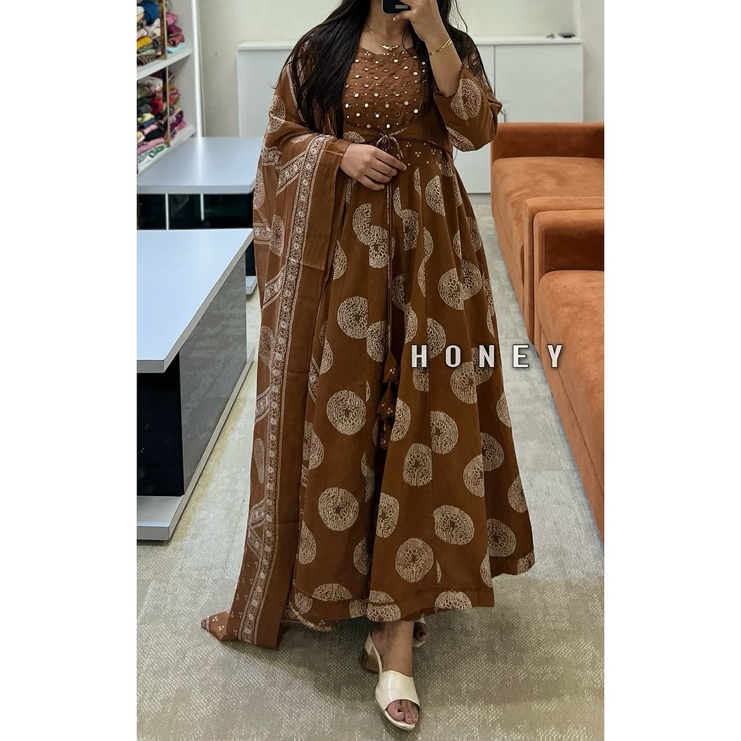 Brown Cotton Printed Anarkali with Attached Jacket Detailing with Pants and Dupatta - Image 2