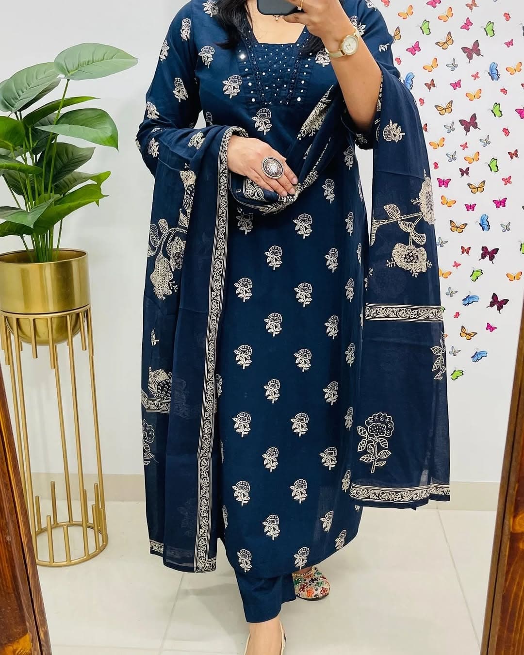 Dark Blue Designer Handblock Print Kurti Pant and Dupatta Set - Image 2
