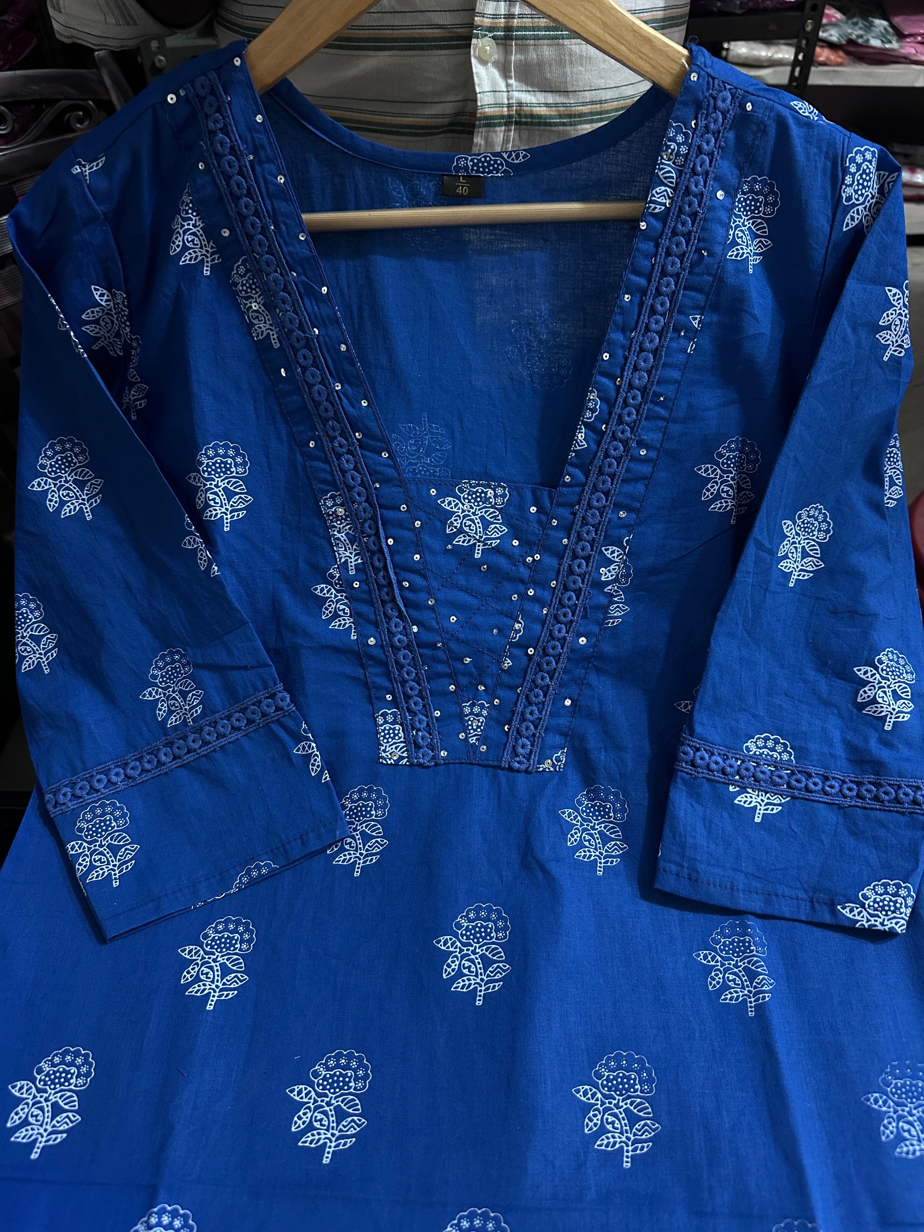 Dark Blue Designer Handblock Print Kurti Pant and Dupatta Set - Image 3