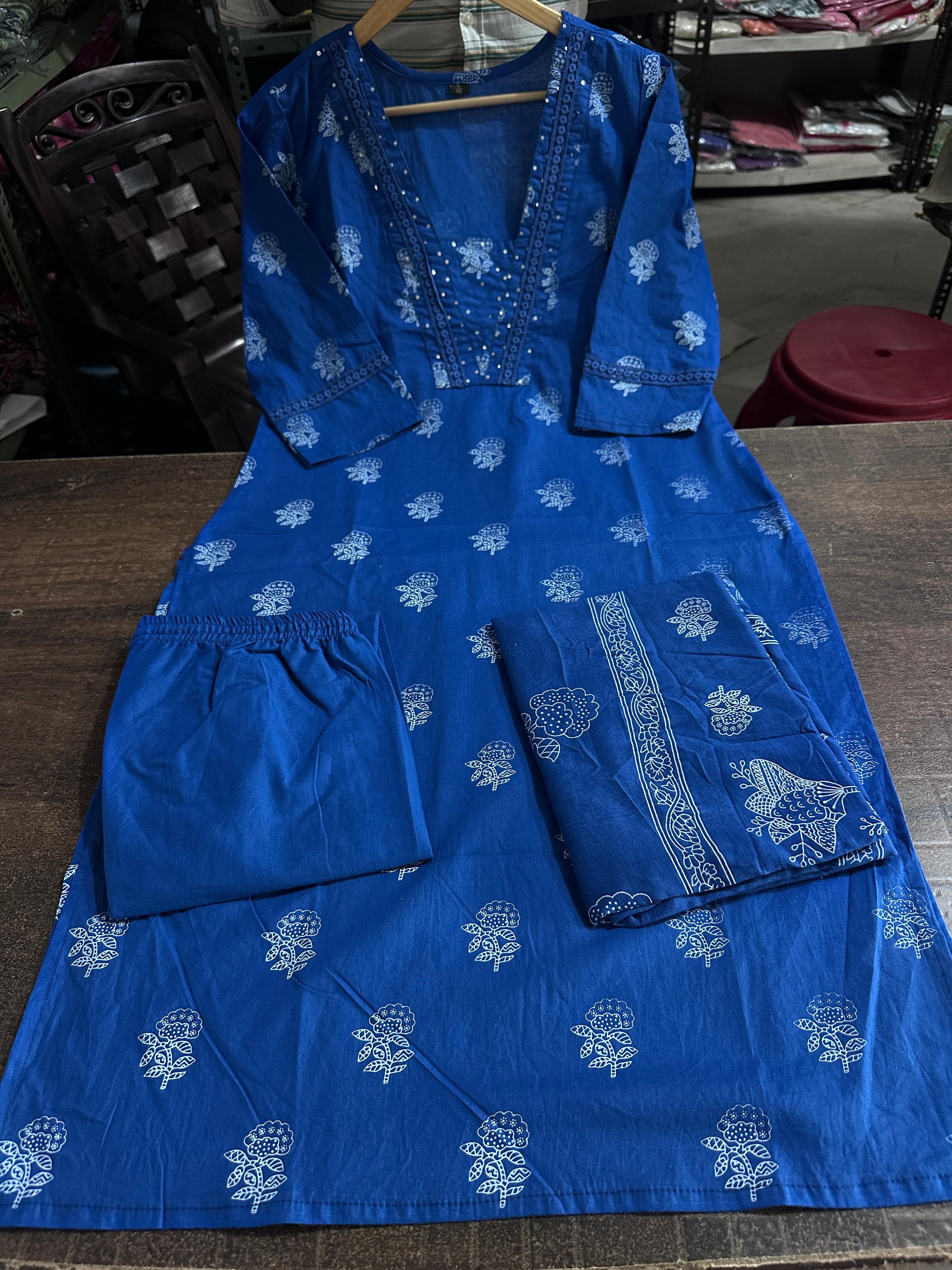 Dark Blue Designer Handblock Print Kurti Pant and Dupatta Set - Image 4