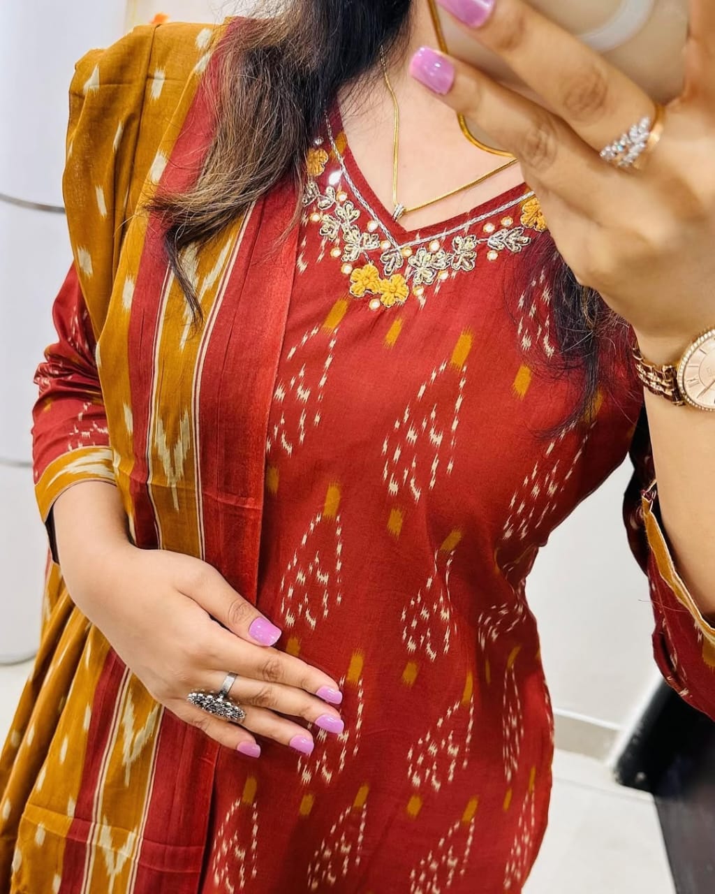 Designer Ikkat Print with Kurti Pant & Dupatta Set - Image 2