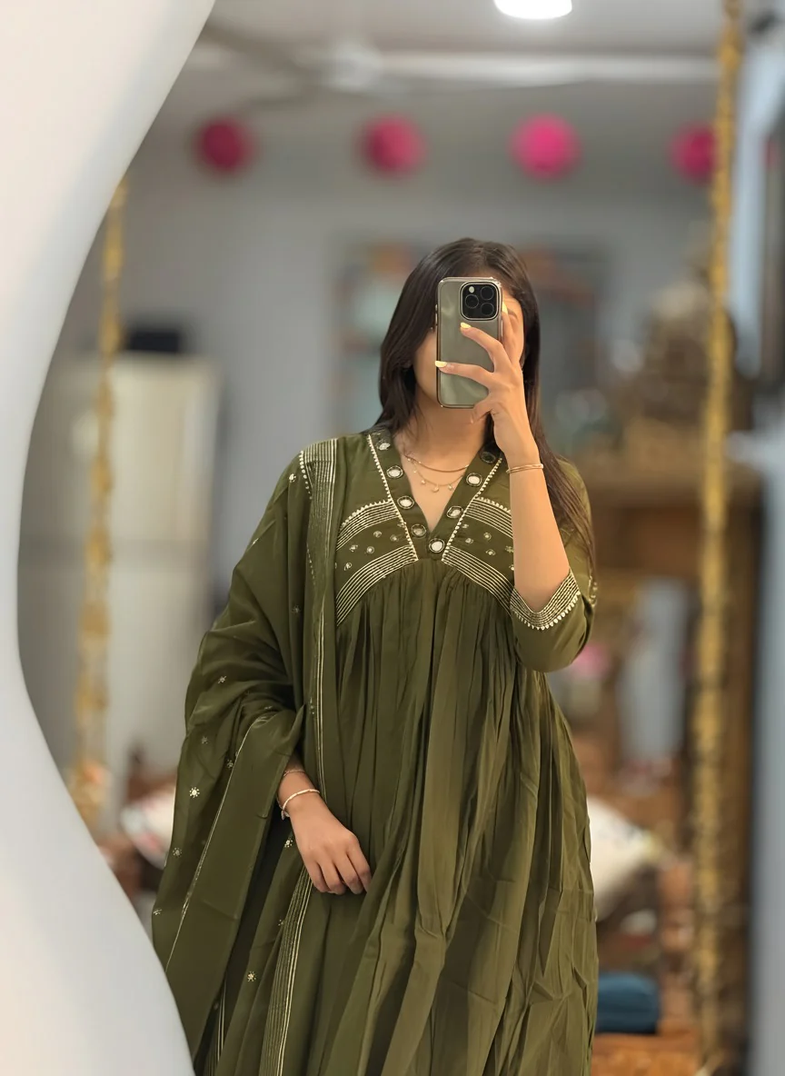 Green Mul Cotton Designer Embroidered Anarkali 3 Piece Set - Image 2