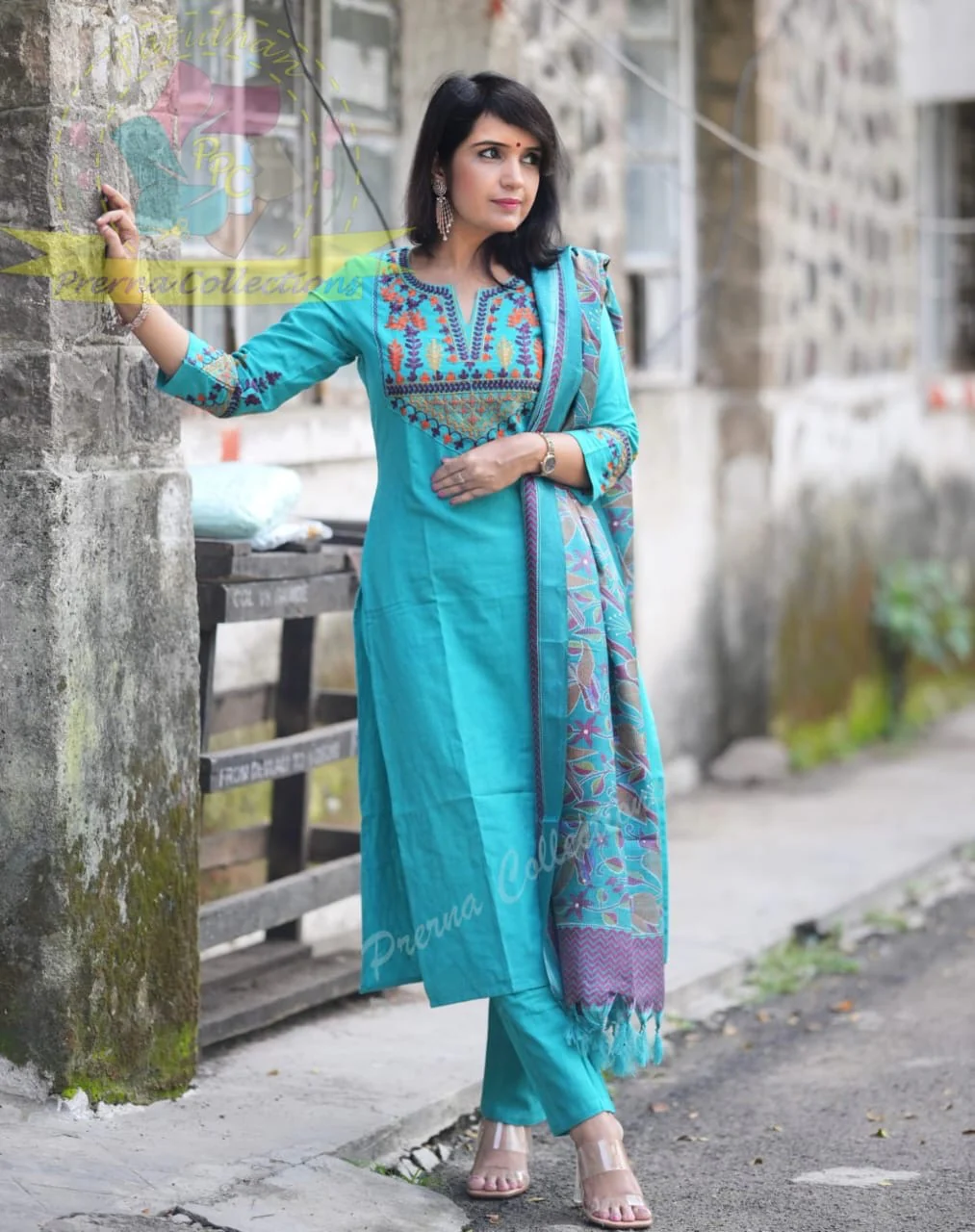 Handloom Embroidered Kurta Pant Set with Khadi Kantha Print - Image 3