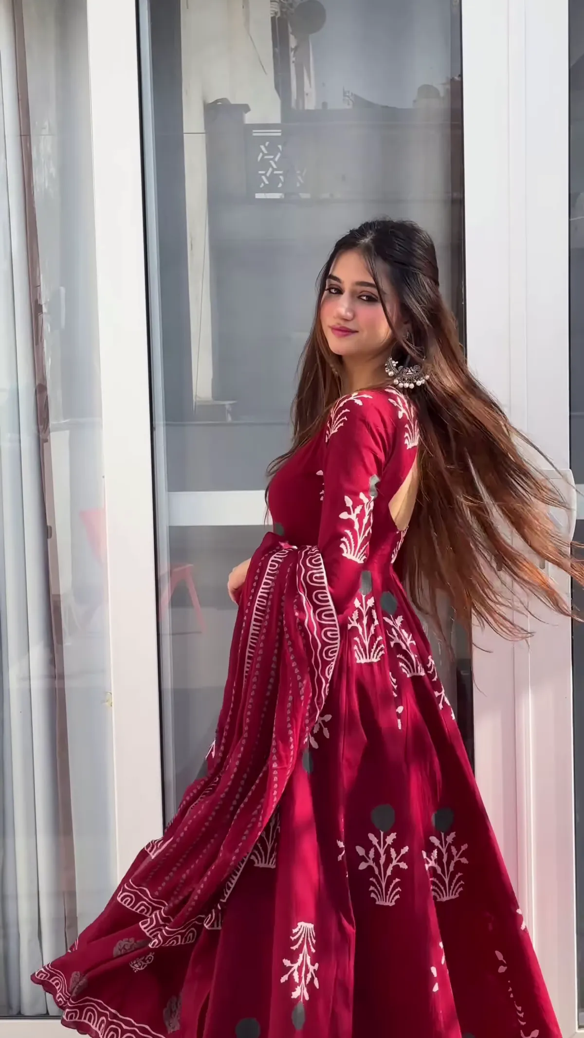 Maroon Handblock Anarkali Set - Image 2