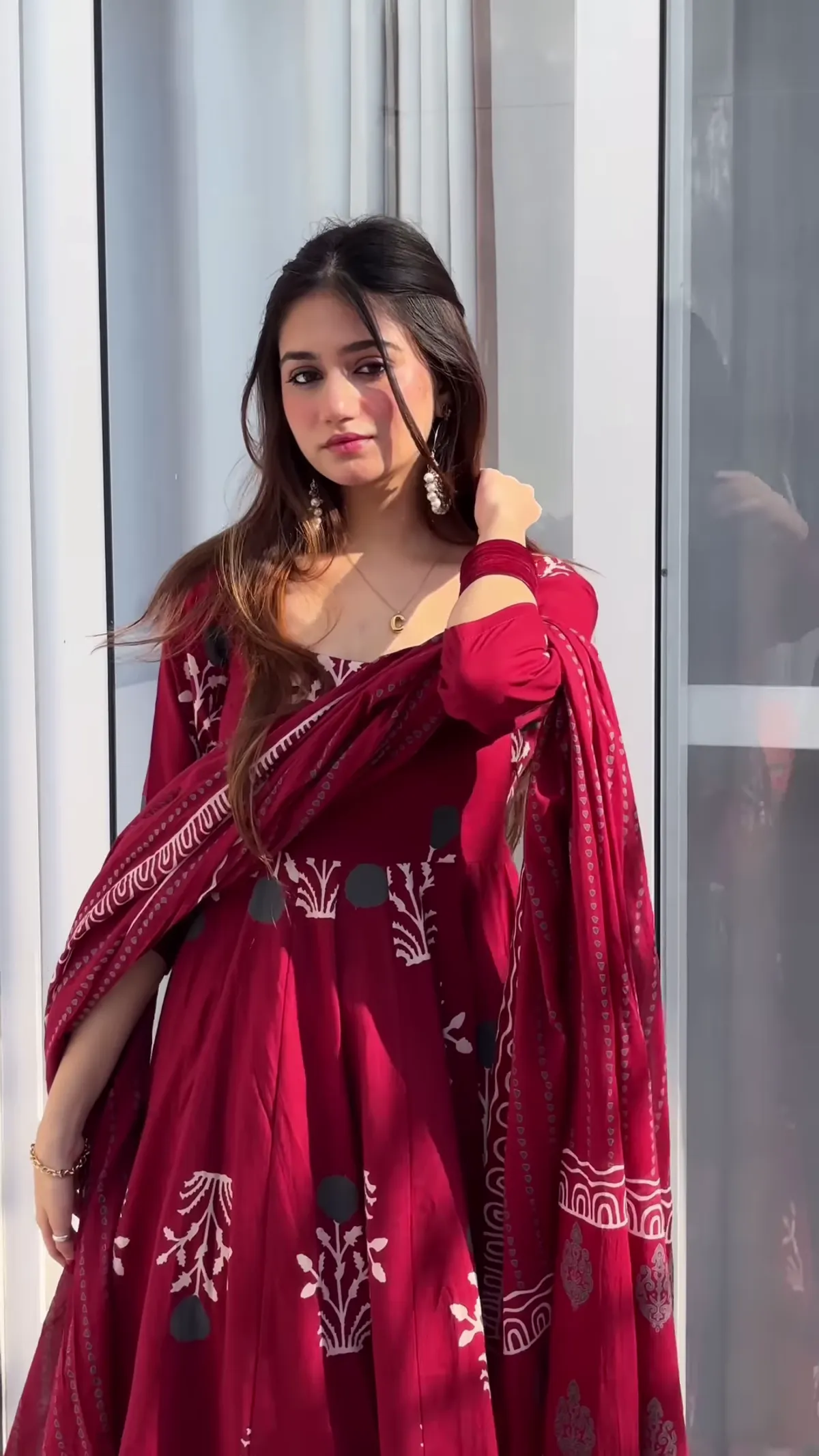 Maroon Handblock Anarkali Set - Image 4