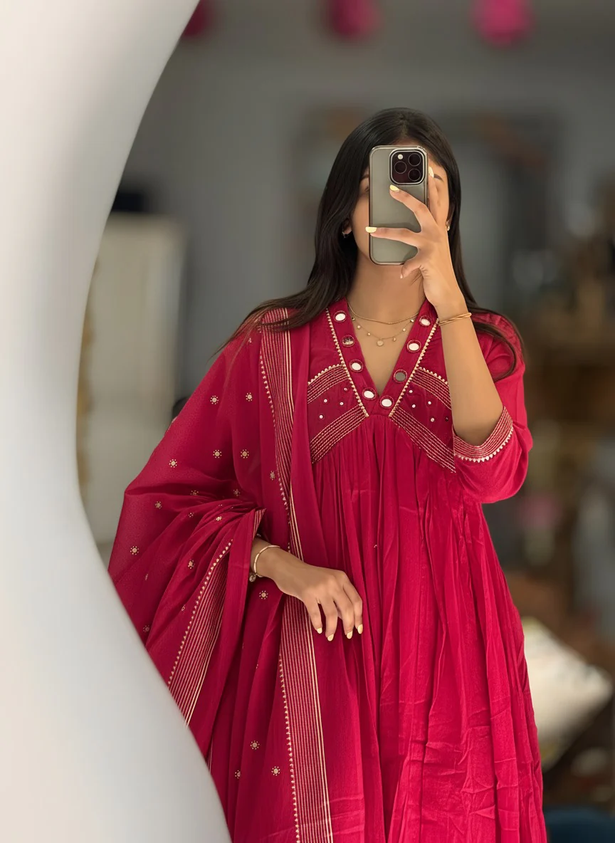 Red Mul Cotton Designer Embroidered Anarkali 3 Piece Set - Image 2