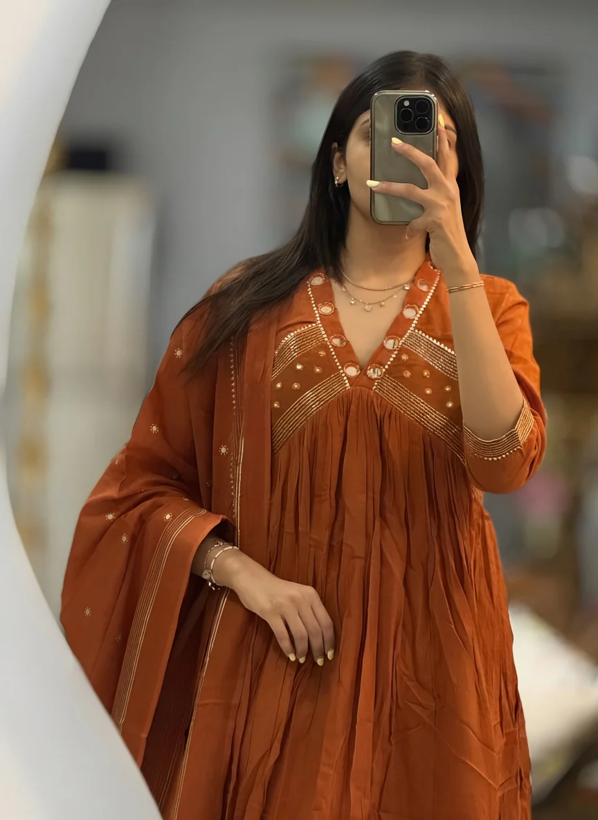 Rust Mul Cotton Designer Embroidered Anarkali 3 Piece Set - Image 2