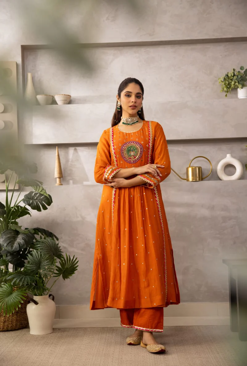 Rust Peacock Motif Laado Kurta Set - Image 7