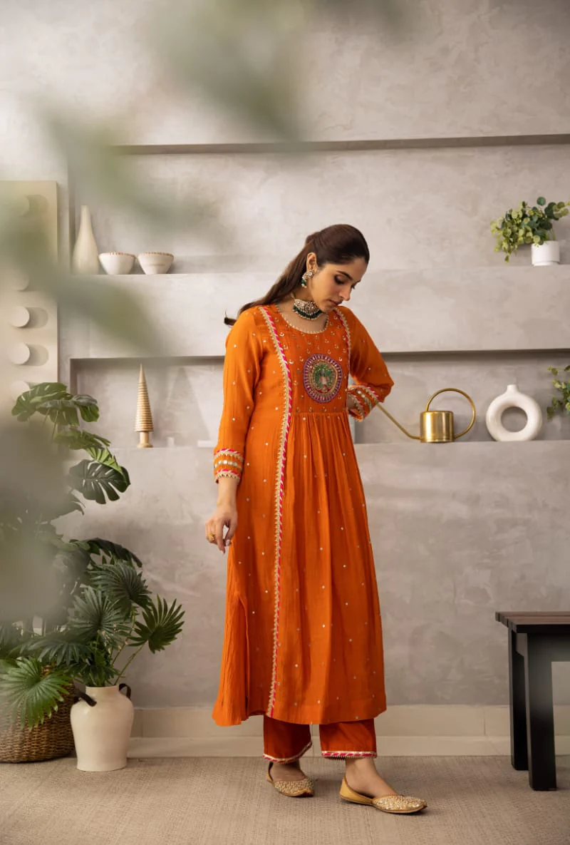 Rust Peacock Motif Laado Kurta Set - Image 9