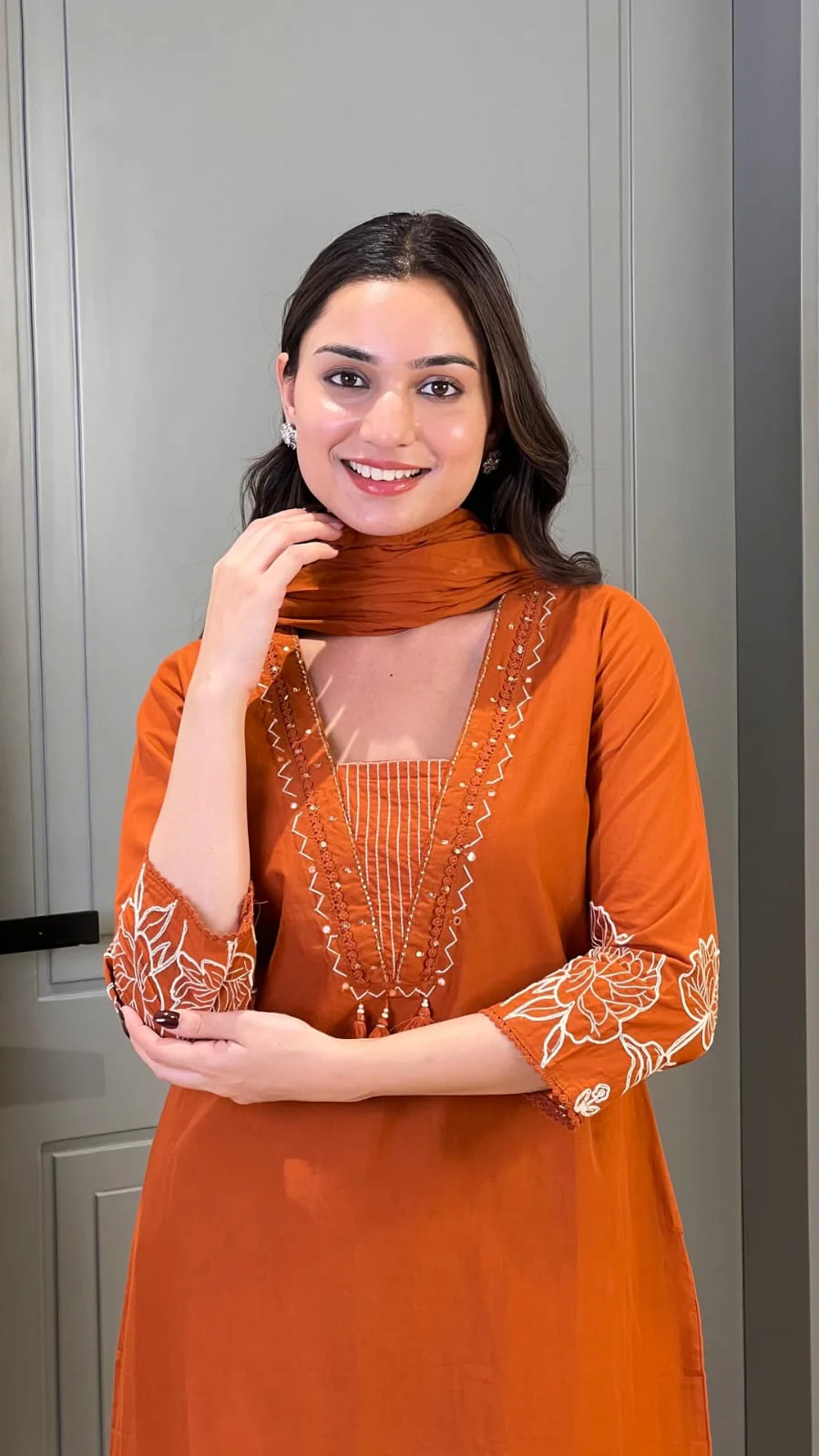 Rust Pure Cotton Suit Set With Heavy Threadwork On The Sleeves and Daman - Image 2