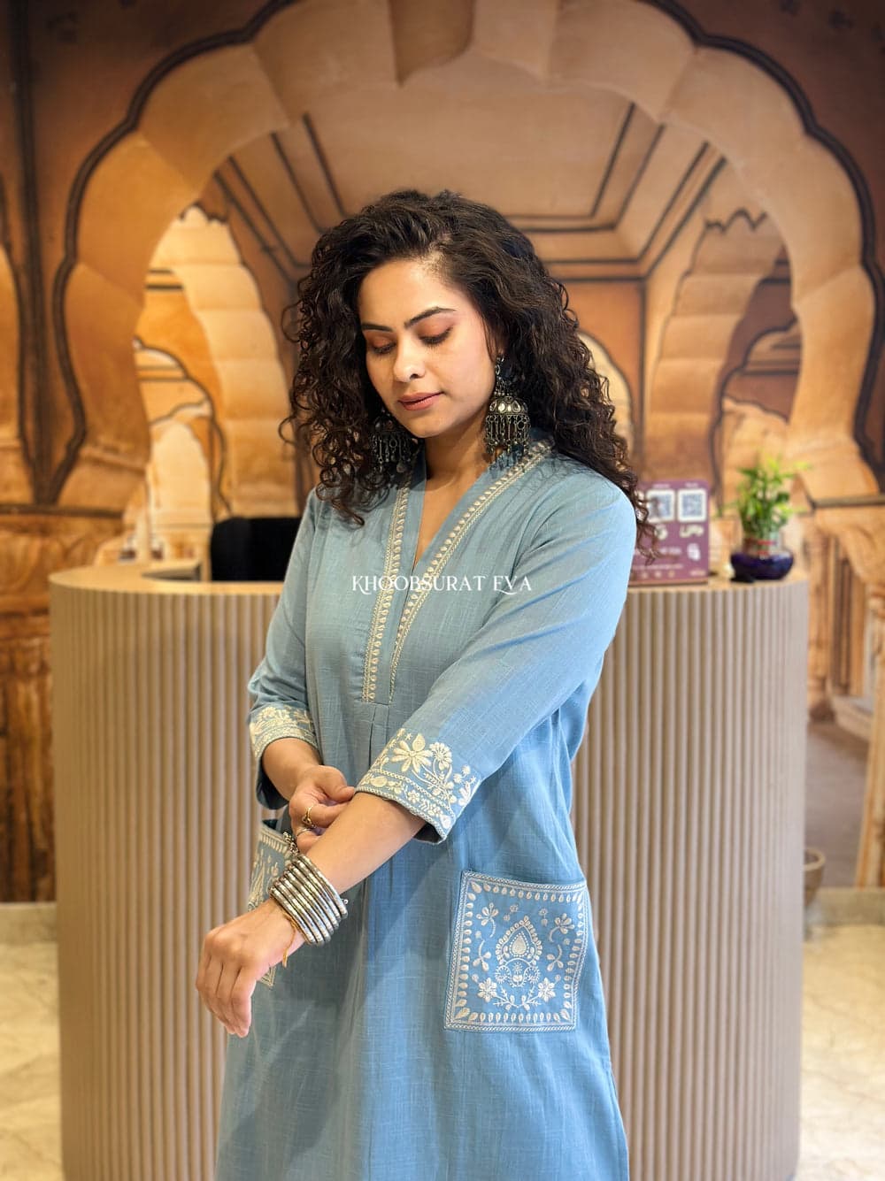 Sky Blue Beautiful Cotton Slub with Both Sides Pocket - Image 5