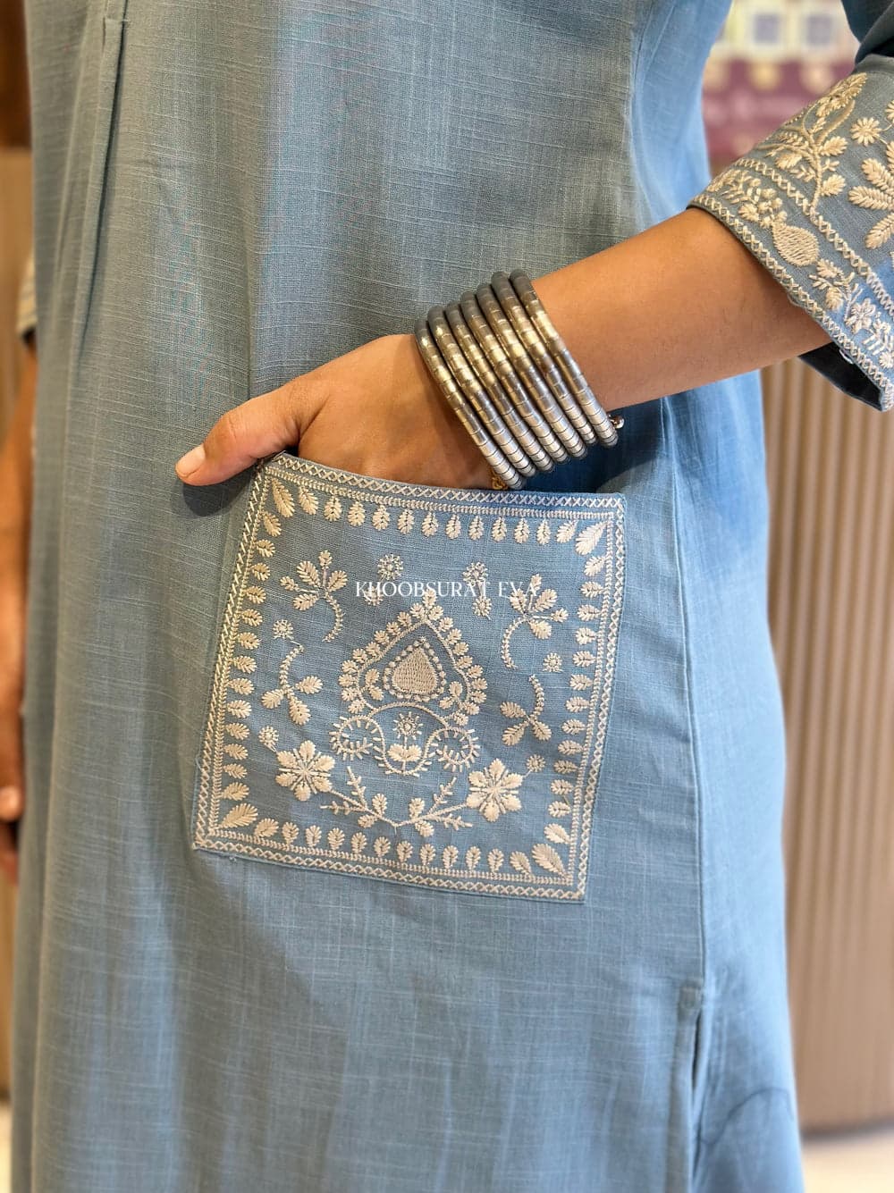 Sky Blue Beautiful Cotton Slub with Both Sides Pocket - Image 6