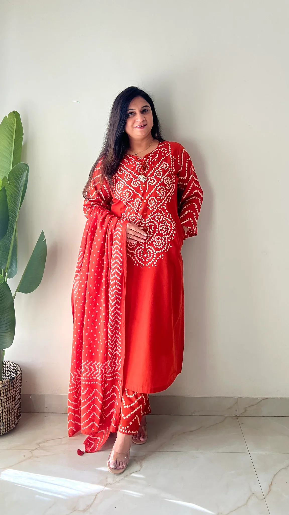 Women’s Bandhani Print Cotton Kurti Palazzo & Dupatta Set - Orange - Image 2
