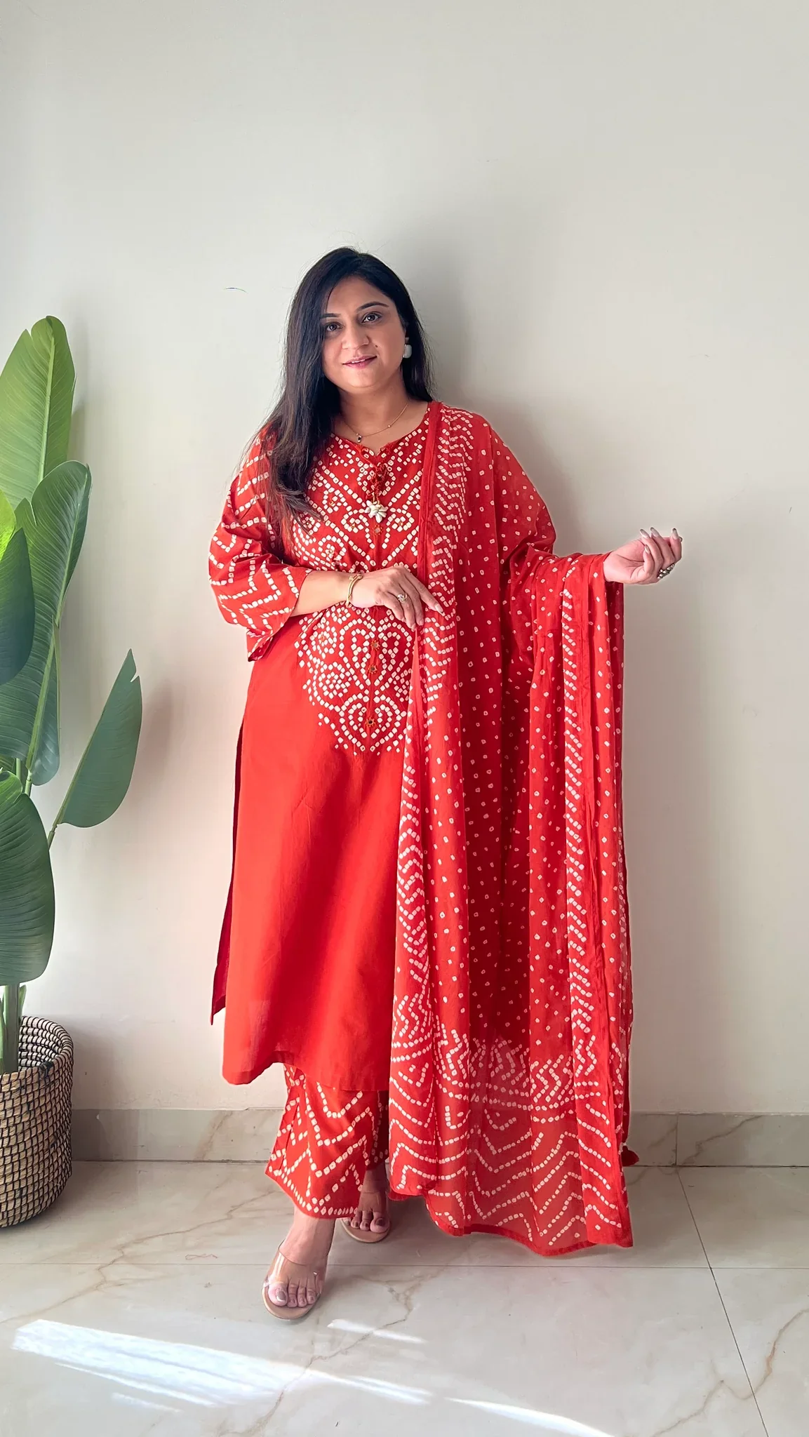 Women’s Bandhani Print Cotton Kurti Palazzo & Dupatta Set - Orange - Image 3