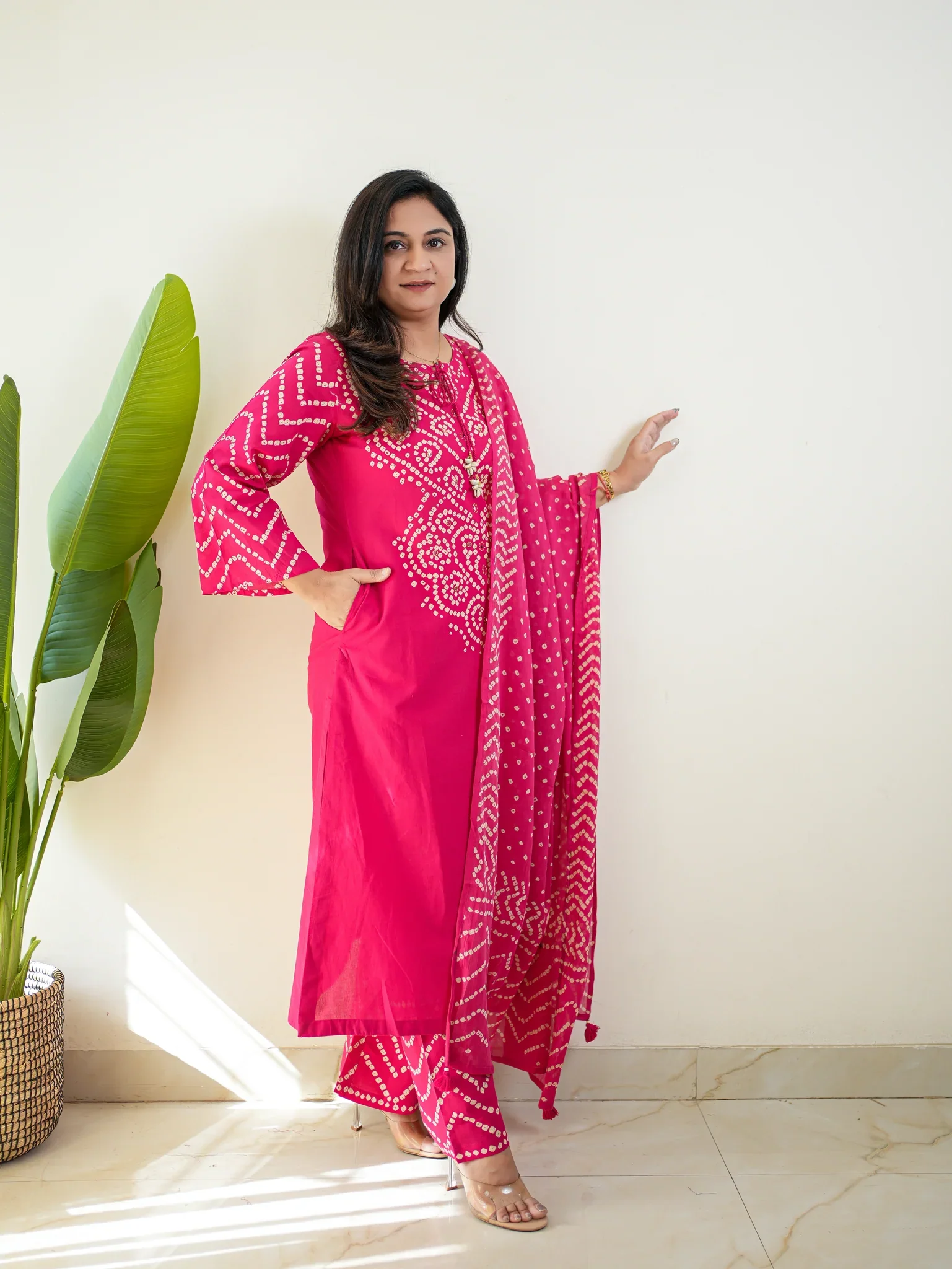 Women’s Bandhani Print Cotton Kurti Palazzo & Dupatta Set – Pink - Image 2