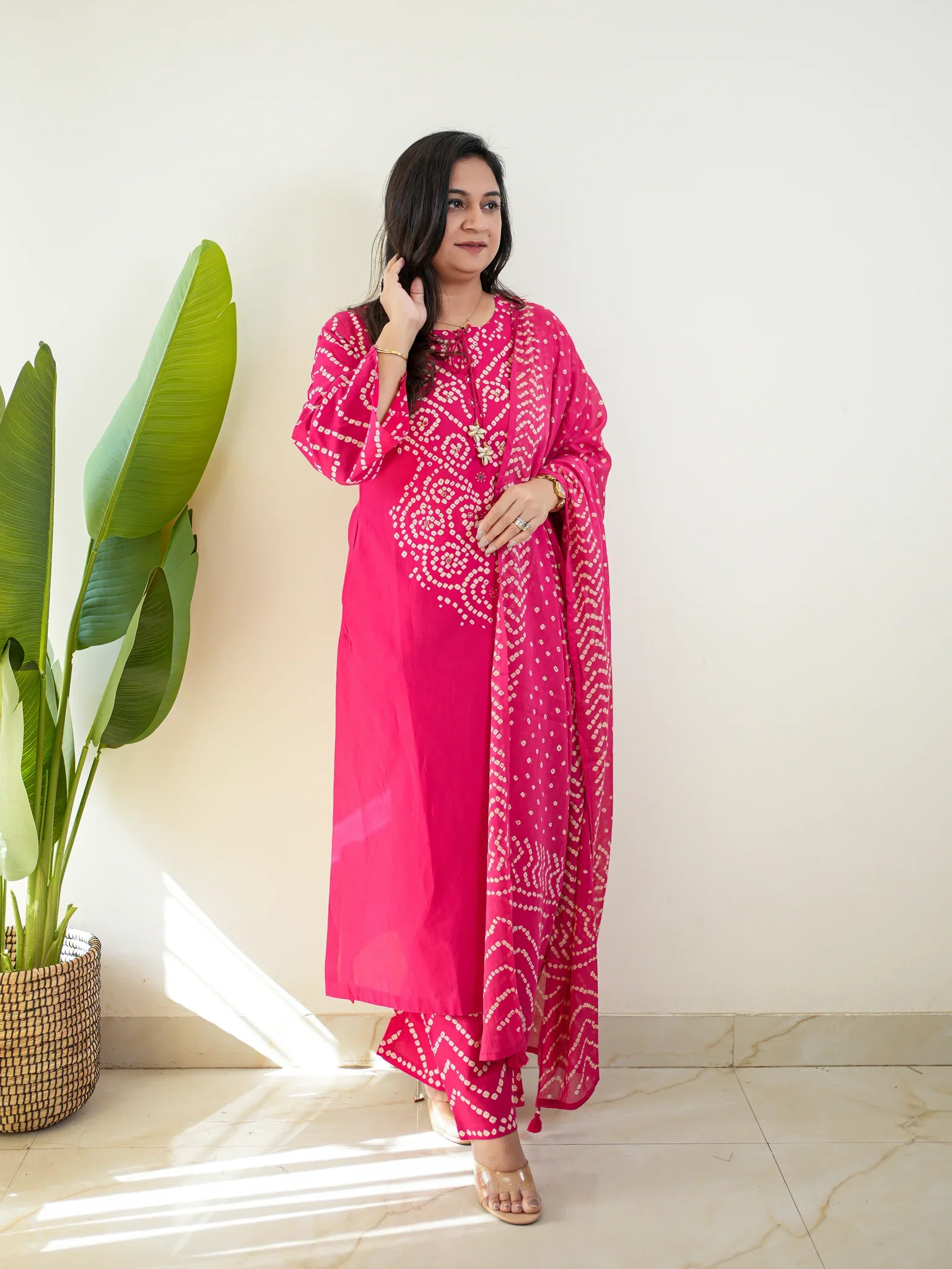 Women’s Bandhani Print Cotton Kurti Palazzo & Dupatta Set – Pink - Image 3