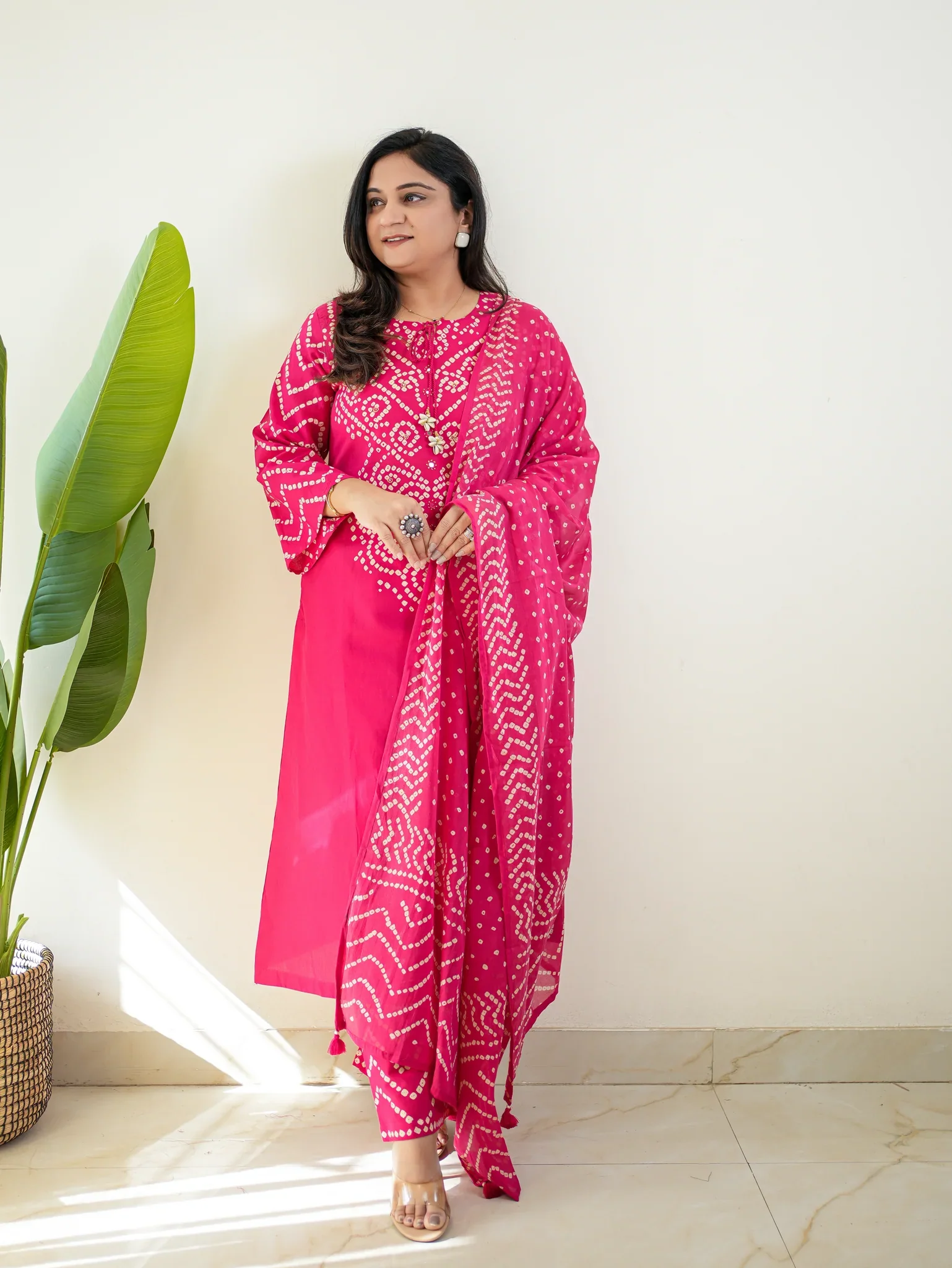 Women’s Bandhani Print Cotton Kurti Palazzo & Dupatta Set – Pink - Image 4