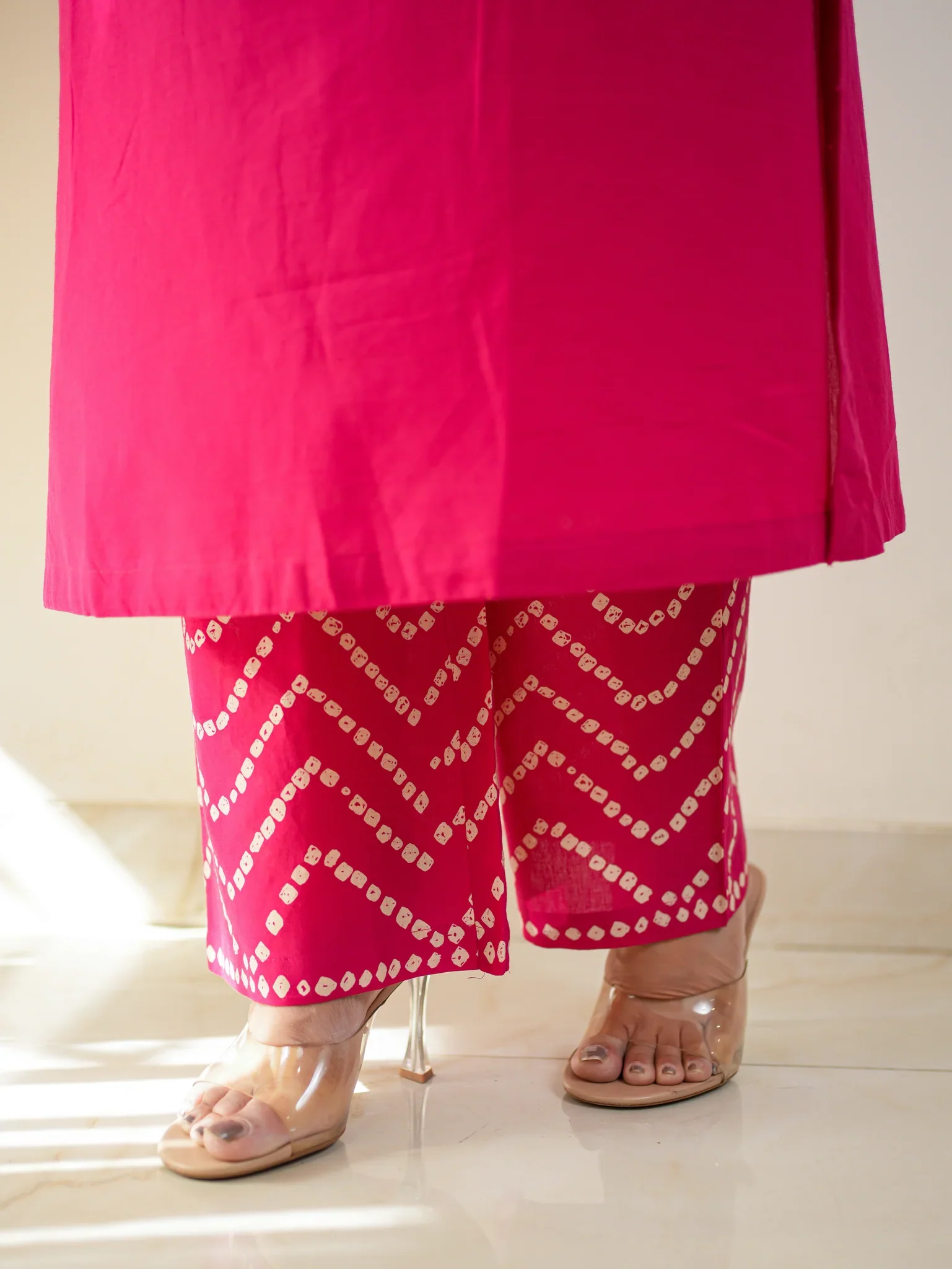 Women’s Bandhani Print Cotton Kurti Palazzo & Dupatta Set – Pink - Image 5