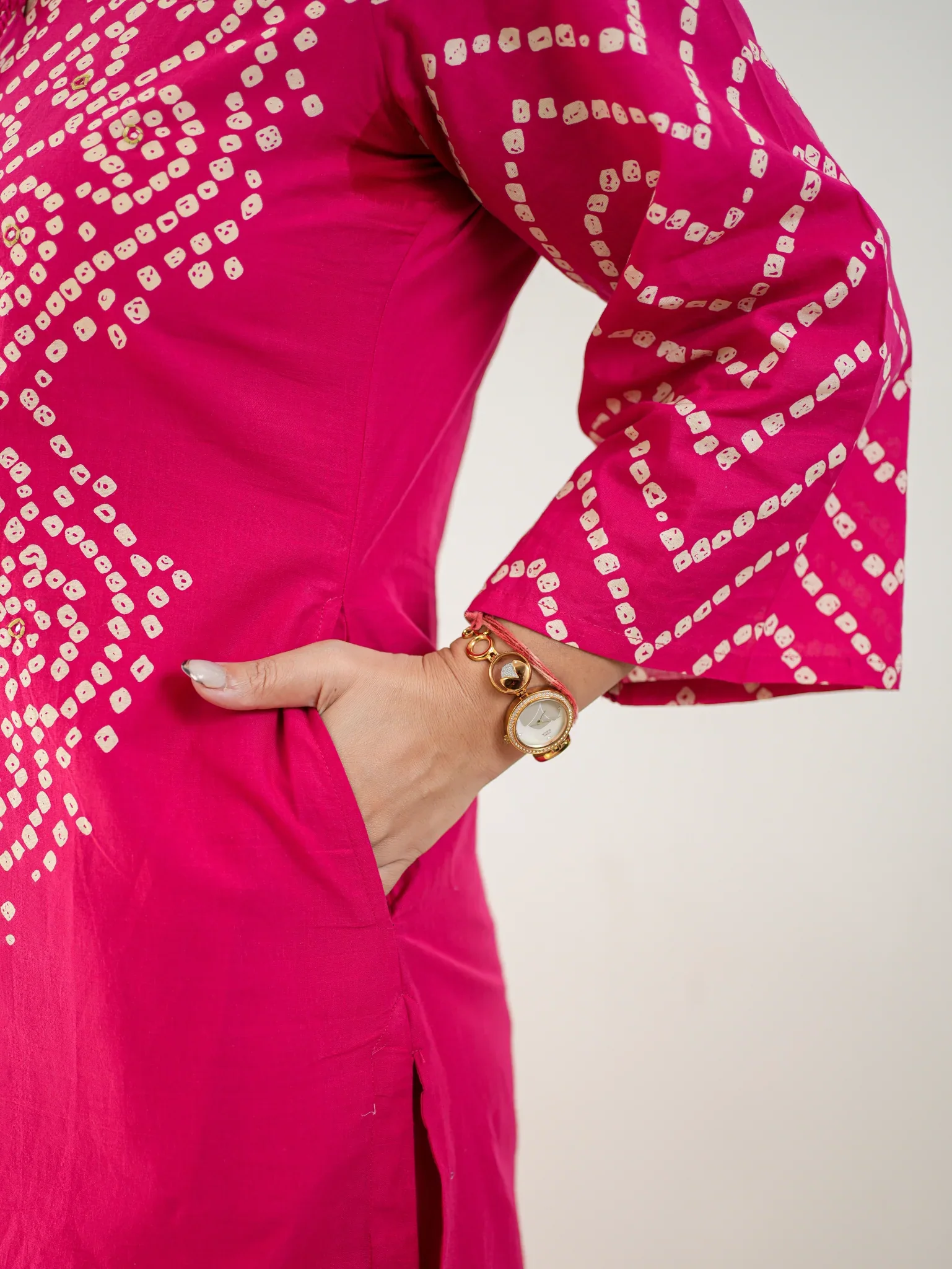 Women’s Bandhani Print Cotton Kurti Palazzo & Dupatta Set – Pink - Image 6
