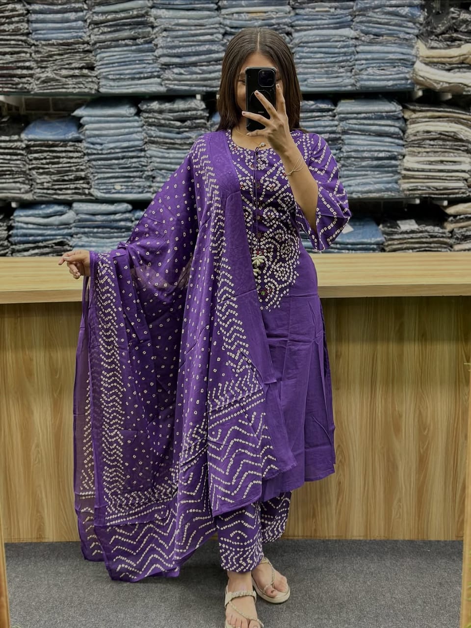Women’s Bandhani Print Cotton Kurti Palazzo & Dupatta Set – Purple - Image 2