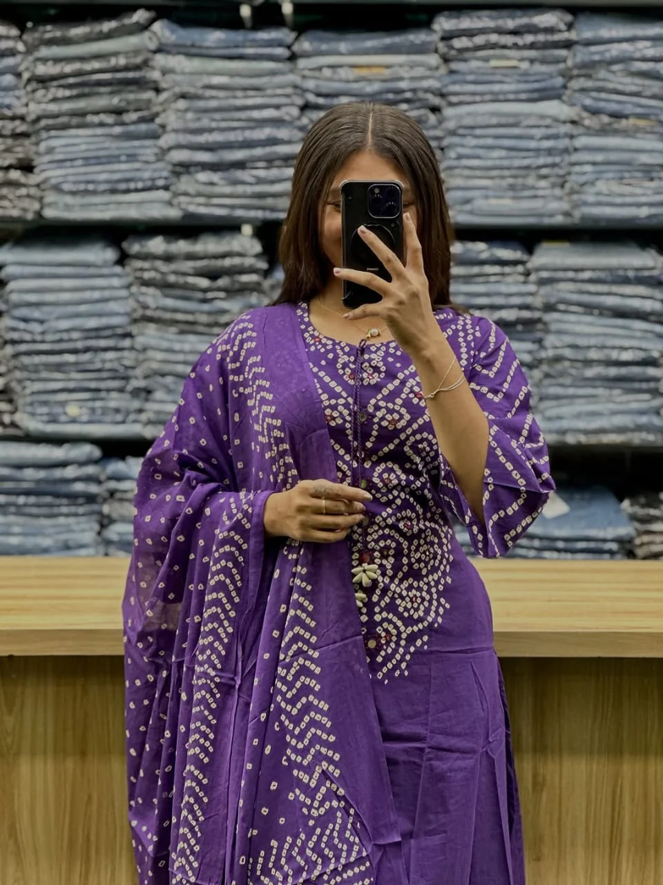 Women’s Bandhani Print Cotton Kurti Palazzo & Dupatta Set – Purple - Image 3