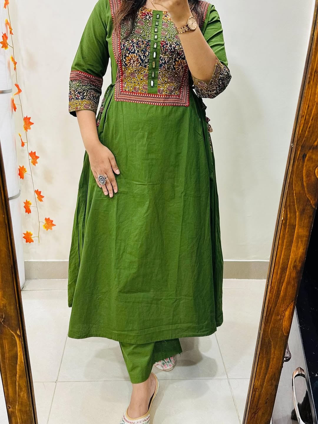 Women’s Olive Green Cotton Anarkali Kurta Pant Set with Embroidered Yoke - Image 2