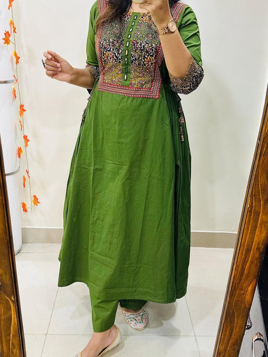 Women’s Olive Green Cotton Anarkali Kurta Pant Set with Embroidered Yoke - Image 3